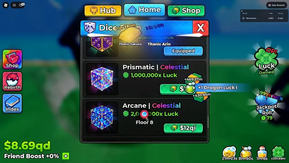Anime Dice Dice Shop showing the Celestial tier — Prismatic 1,000,000x Luck and Arcane 2,000,000x Luck